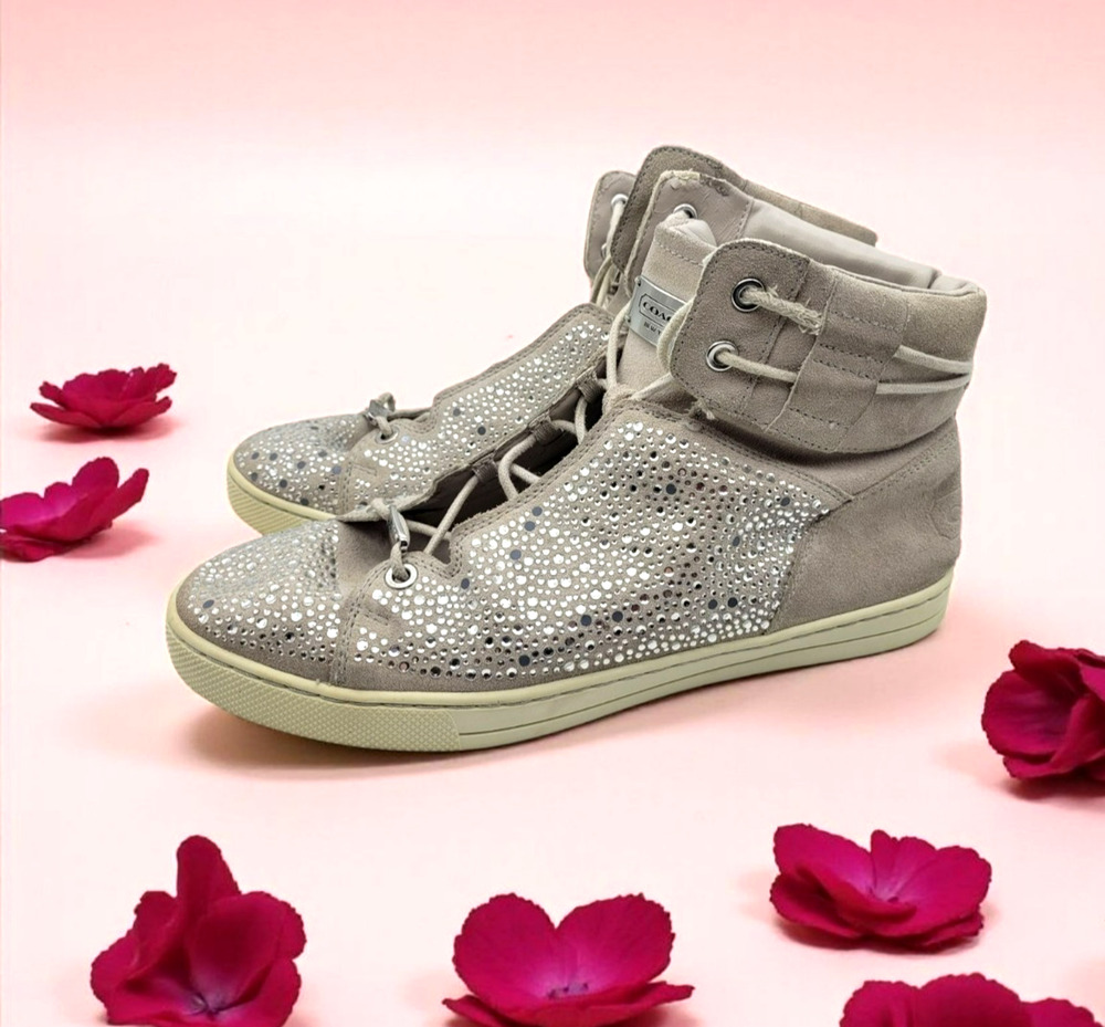 Preloved Coach Penda Nude Suede Jeweled High Top Sneakers Size 11M